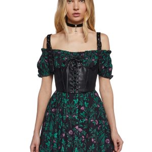 Widow Ivy Mini Dress With Vegan Leather Underbust Corset - Black/Green