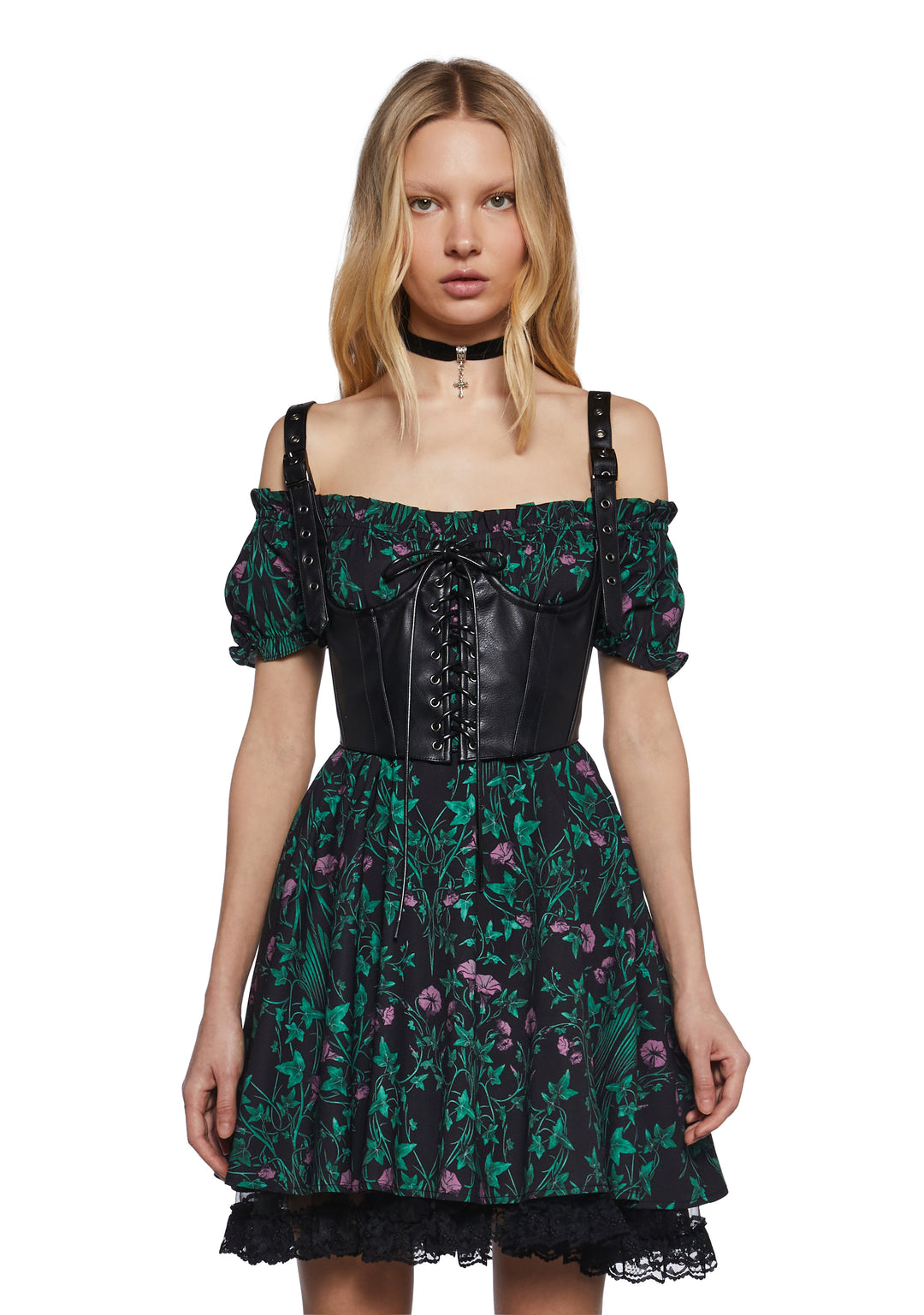 Widow Ivy Mini Dress With Vegan Leather Underbust Corset - Black/Green
