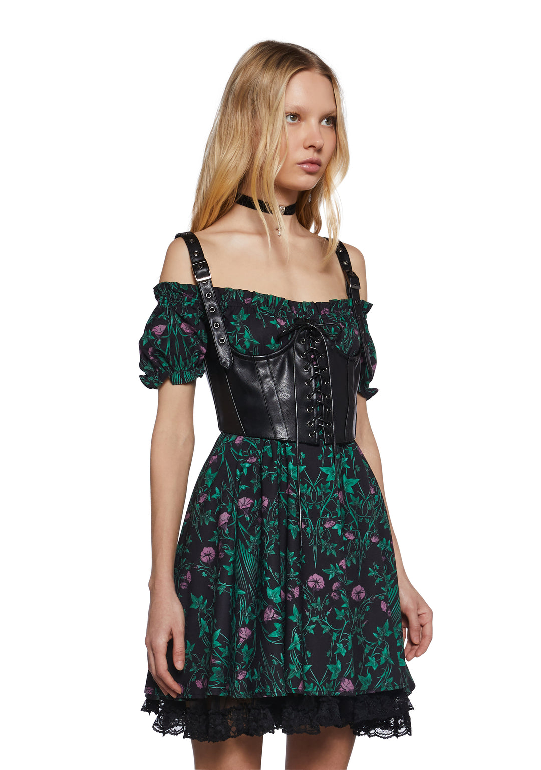 Widow Ivy Mini Dress With Vegan Leather Underbust Corset - Black/Green - Image 3