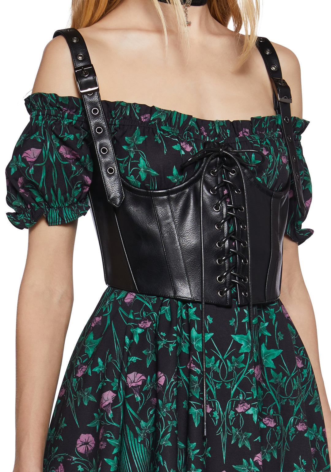 Widow Ivy Mini Dress With Vegan Leather Underbust Corset - Black/Green - Image 5