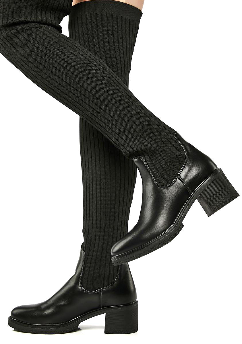 Thigh-High Knit Vegan Leather Boots - Black - Image 2