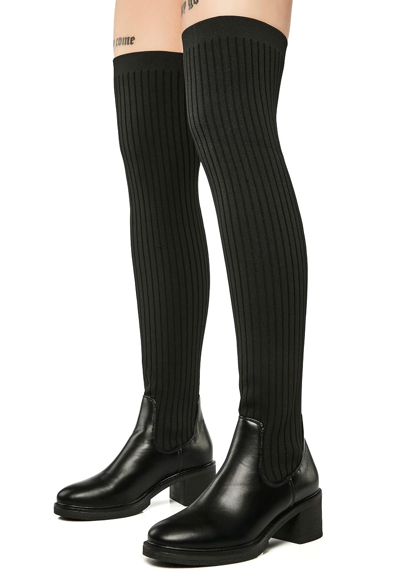Thigh-High Knit Vegan Leather Boots - Black