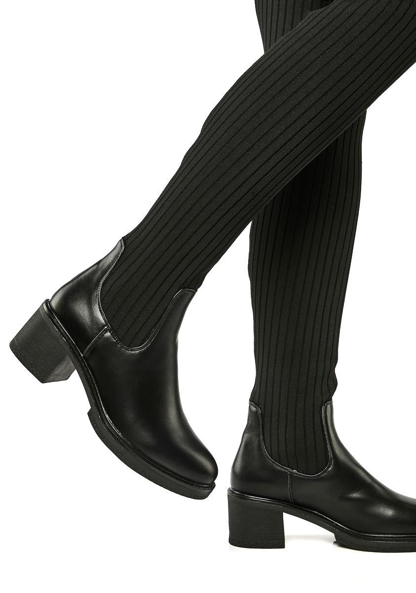 Thigh-High Knit Vegan Leather Boots - Black - Image 3