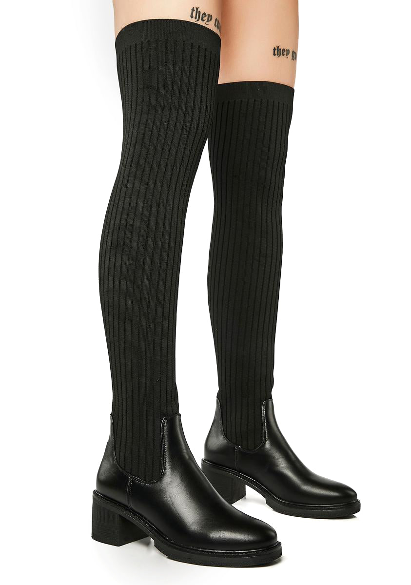 Thigh-High Knit Vegan Leather Boots - Black - Image 4