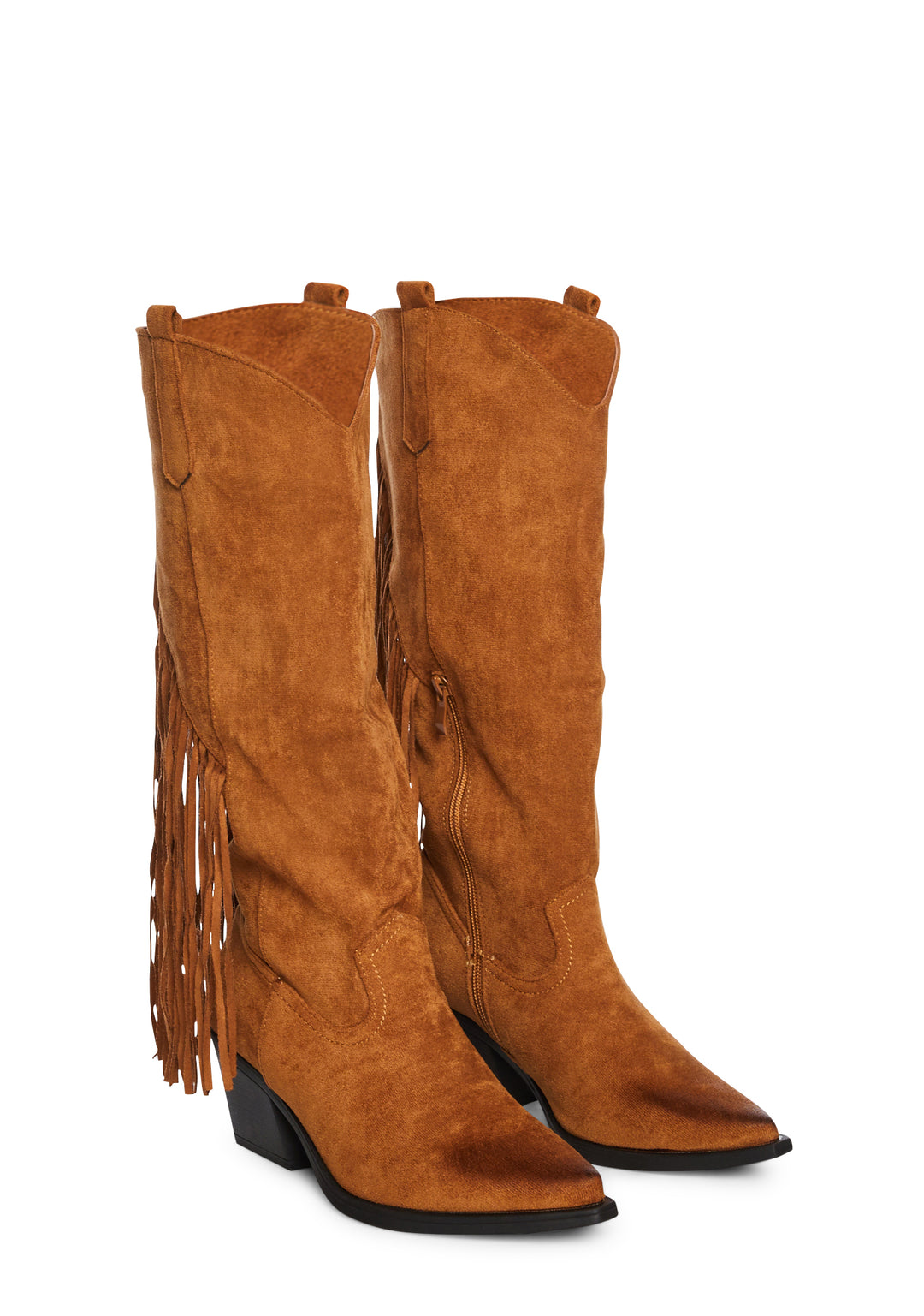 Vegan Suede Fringe Knee High Cowboy Boots - Tan - Image 3
