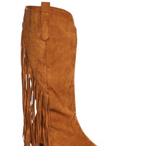 Vegan Suede Fringe Knee High Cowboy Boots - Tan