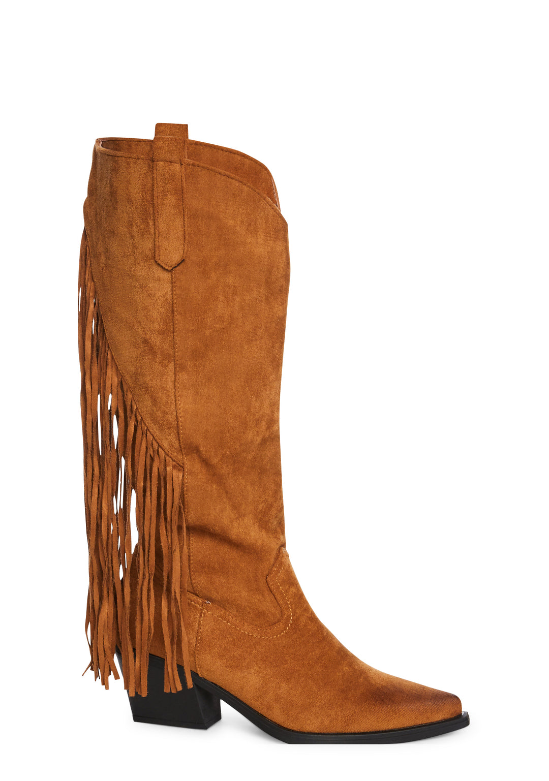 Vegan Suede Fringe Knee High Cowboy Boots - Tan