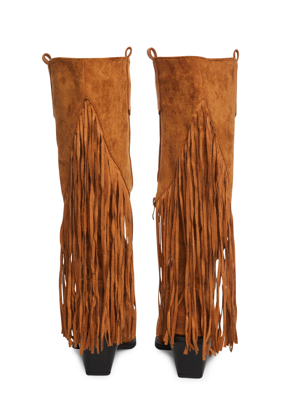 Vegan Suede Fringe Knee High Cowboy Boots - Tan - Image 4