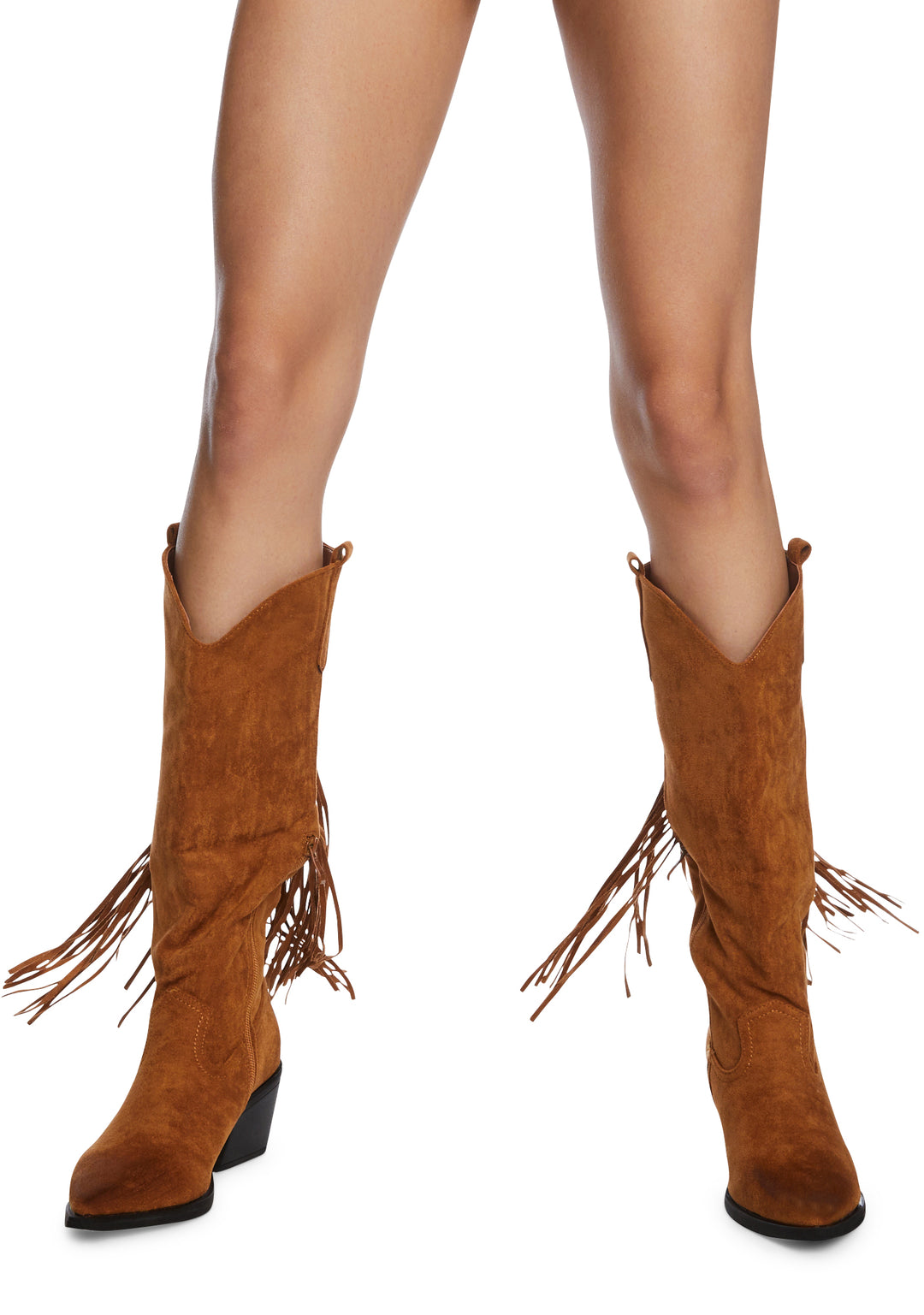 Vegan Suede Fringe Knee High Cowboy Boots - Tan - Image 5