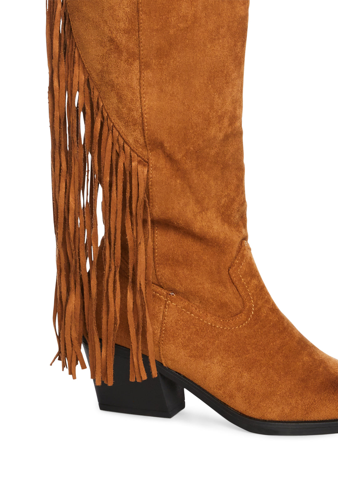 Vegan Suede Fringe Knee High Cowboy Boots - Tan - Image 2