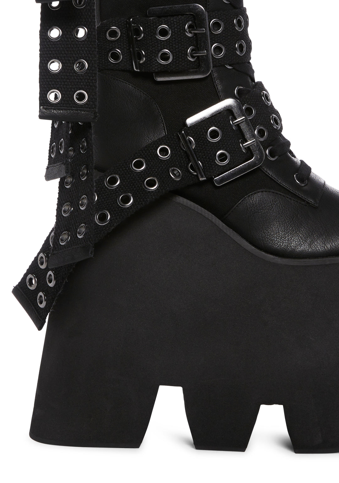 Widow Platform Eyelet Buckle Vegan Leather Knee High Boots - Black - Image 2