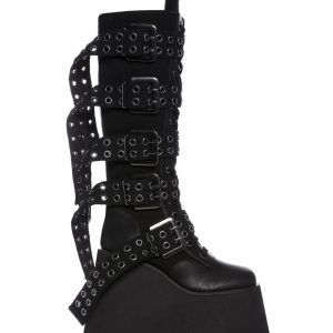 Widow Platform Eyelet Buckle Vegan Leather Knee High Boots - Black