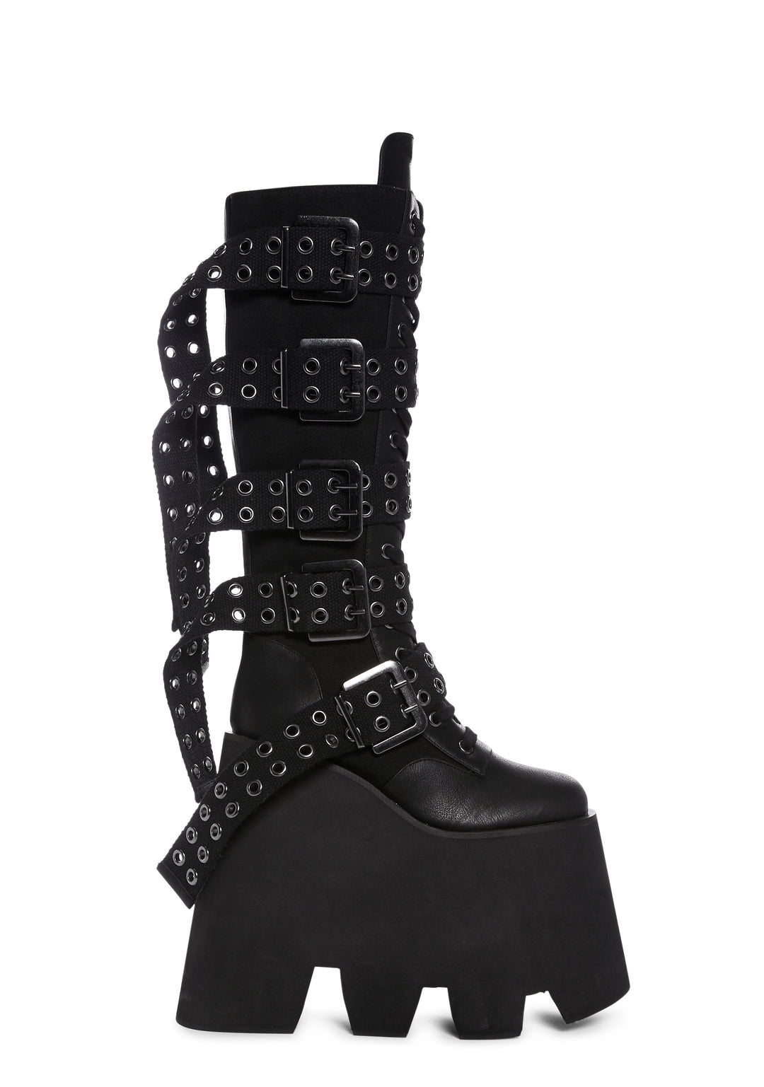 Widow Platform Eyelet Buckle Vegan Leather Knee High Boots - Black