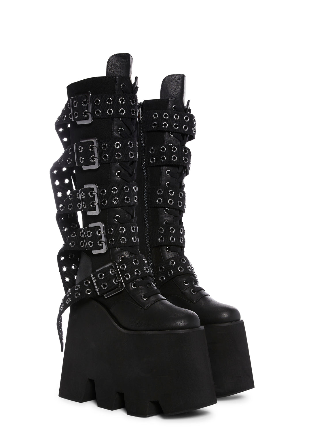 Widow Platform Eyelet Buckle Vegan Leather Knee High Boots - Black - Image 3