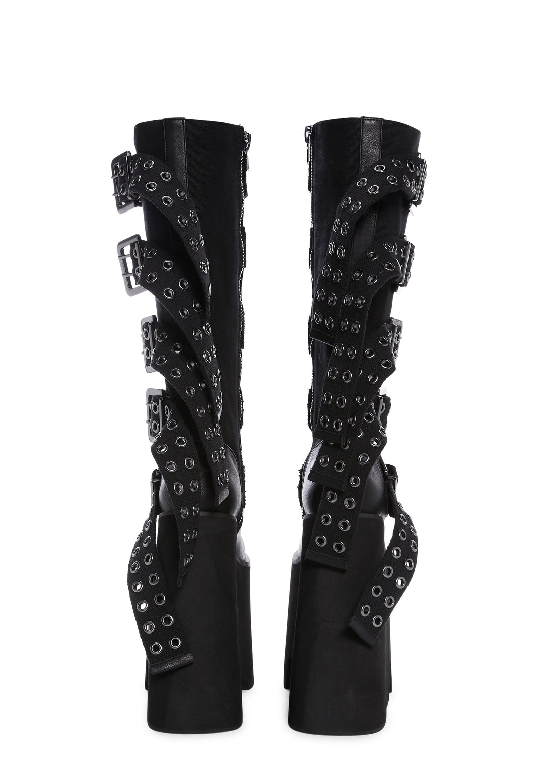 Widow Platform Eyelet Buckle Vegan Leather Knee High Boots - Black - Image 4