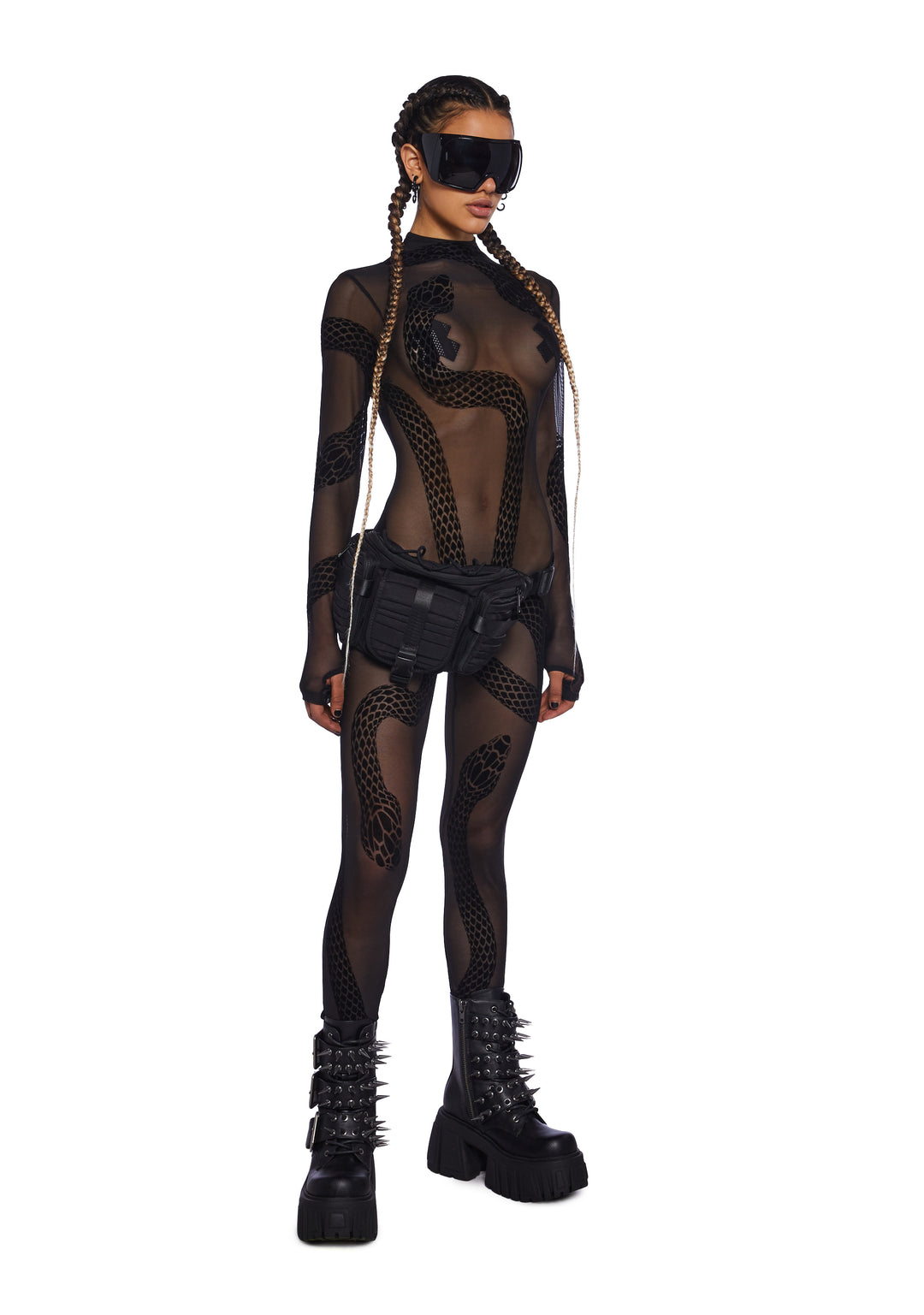 Club Exx Sheer Mesh Snake Print Catsuit - Black - Image 5