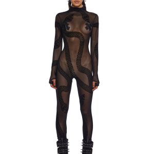 Club Exx Sheer Mesh Snake Print Catsuit - Black