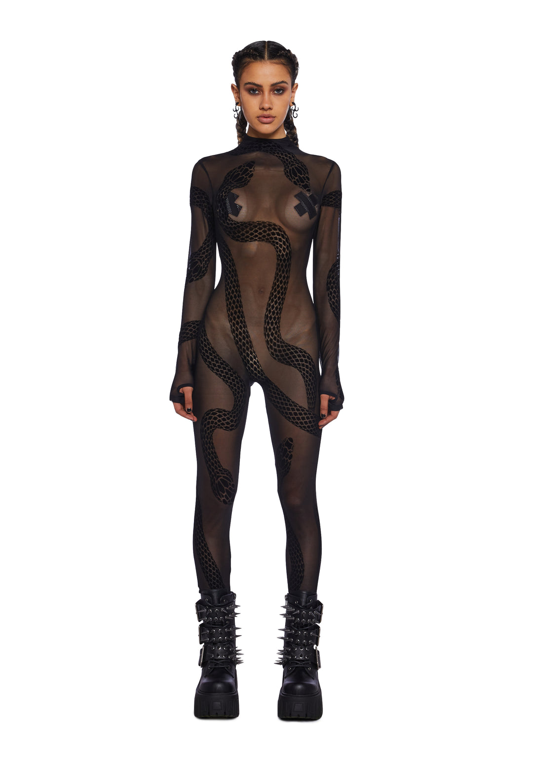 Club Exx Sheer Mesh Snake Print Catsuit - Black