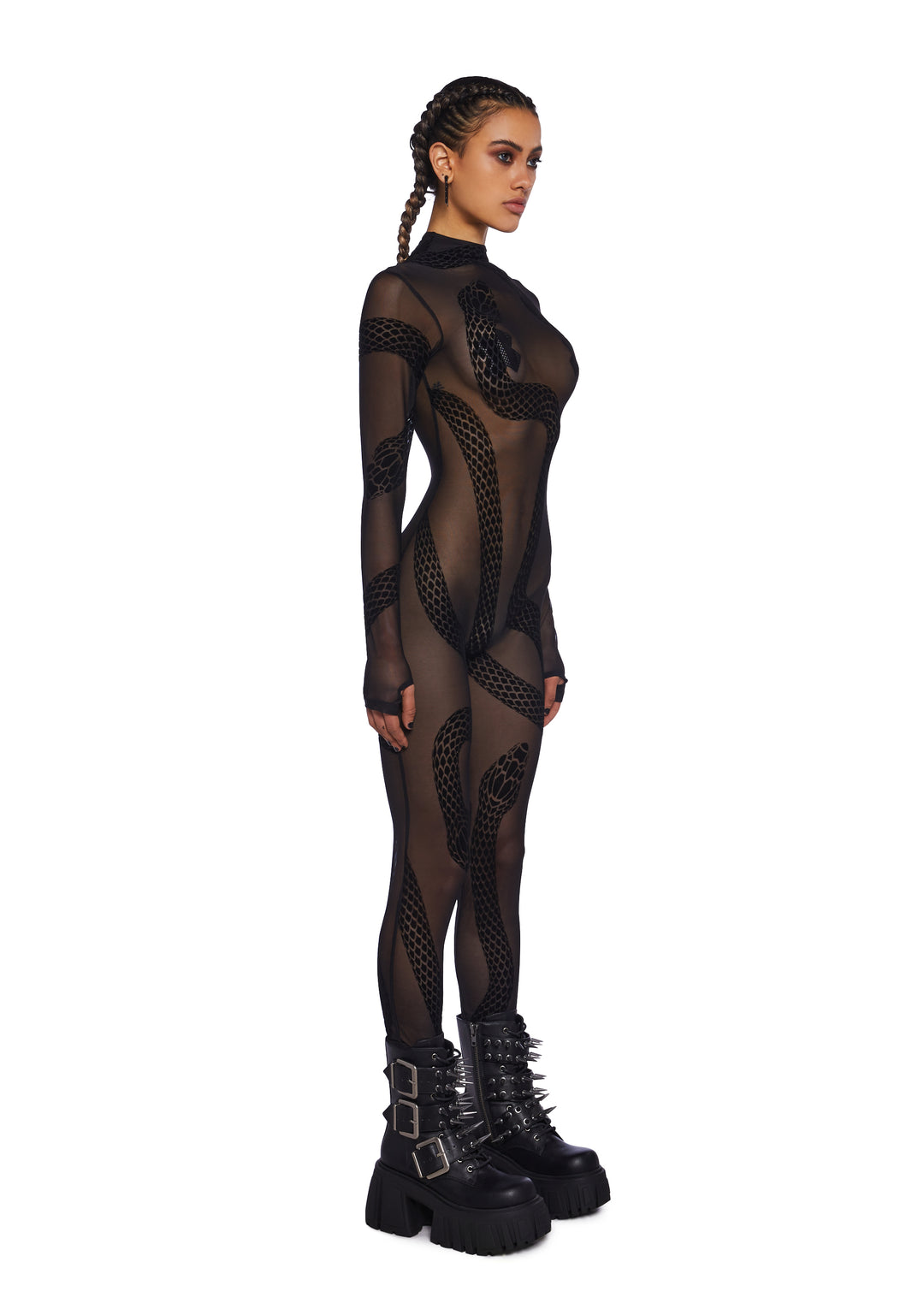 Club Exx Sheer Mesh Snake Print Catsuit - Black - Image 3
