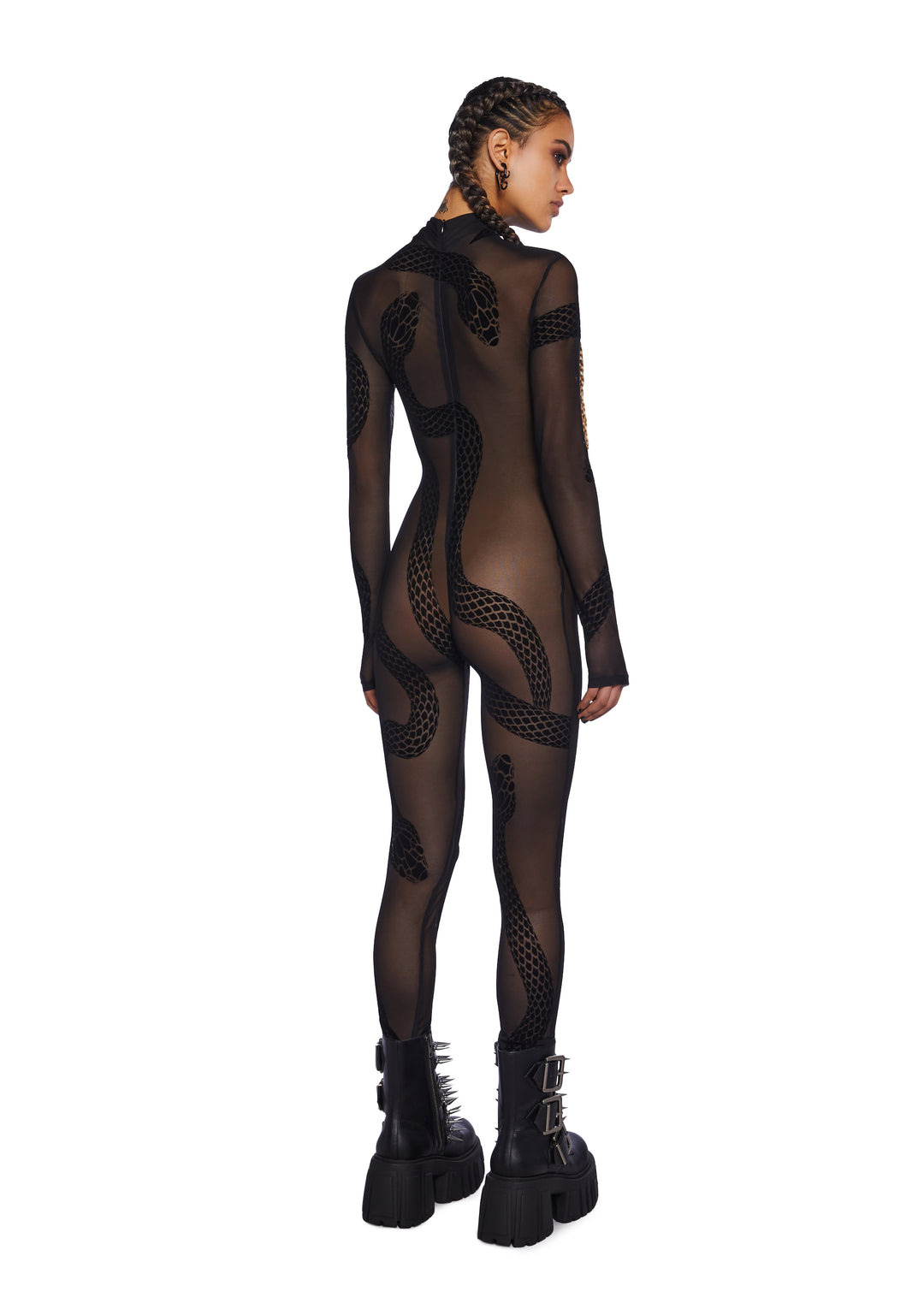 Club Exx Sheer Mesh Snake Print Catsuit - Black - Image 4