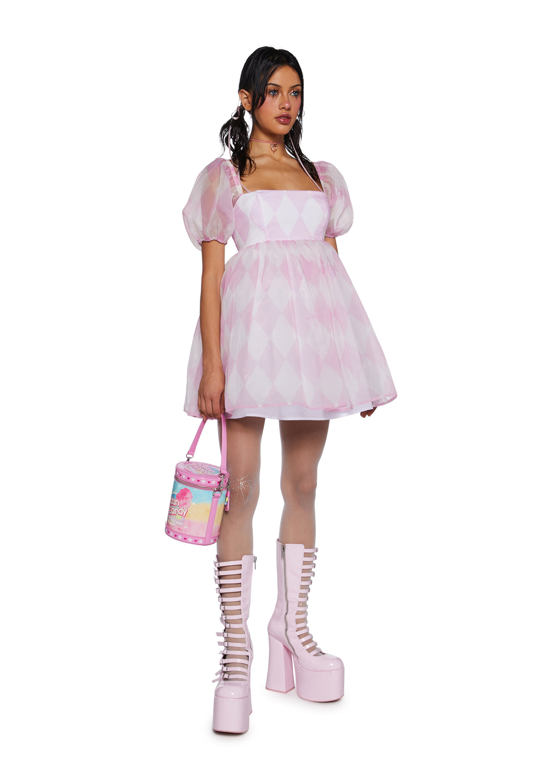 Sugar Thrillz Argyle Print Organza Babydoll Dress - Pink/White - Image 2