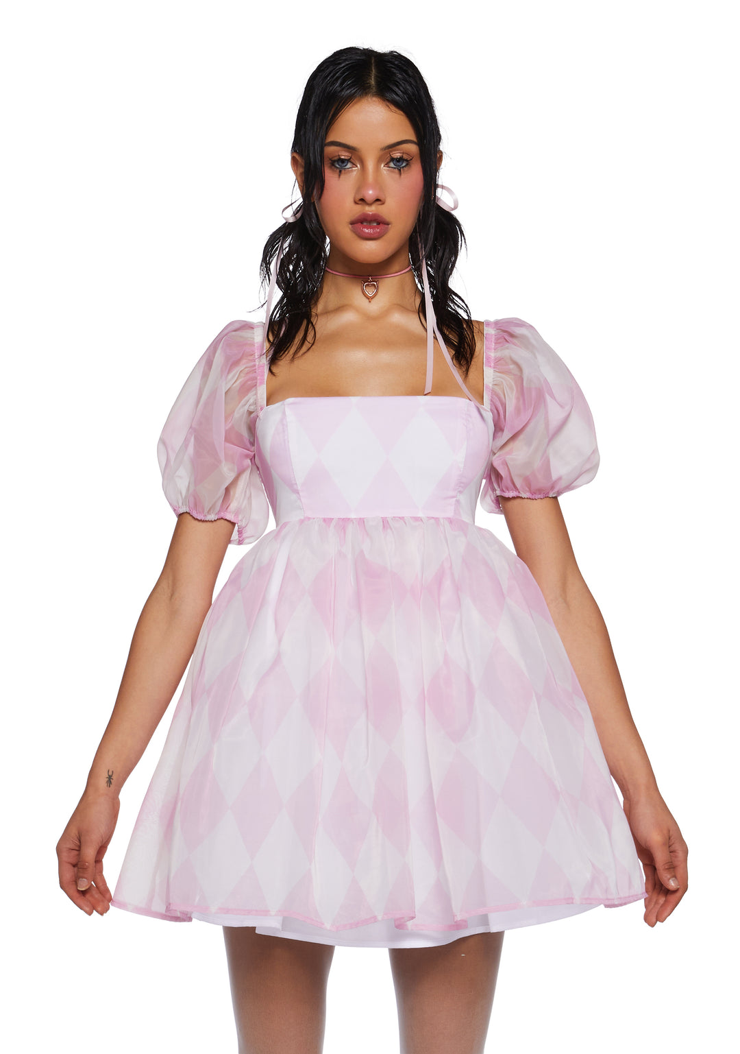 Sugar Thrillz Argyle Print Organza Babydoll Dress - Pink/White