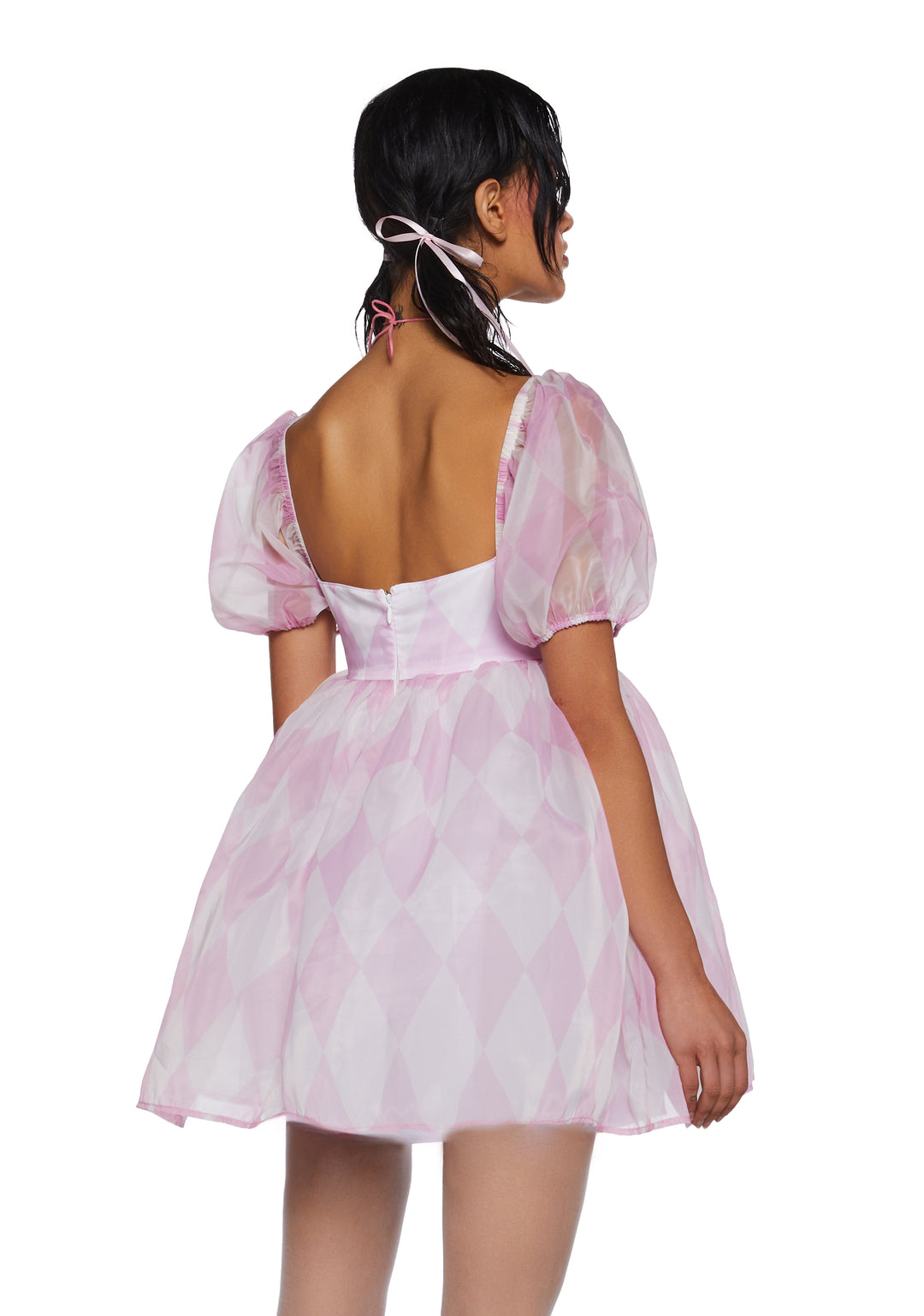 Sugar Thrillz Argyle Print Organza Babydoll Dress - Pink/White - Image 4