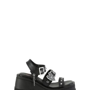 Demonia Spider Web Heart Spiked Platform Sandals - Black