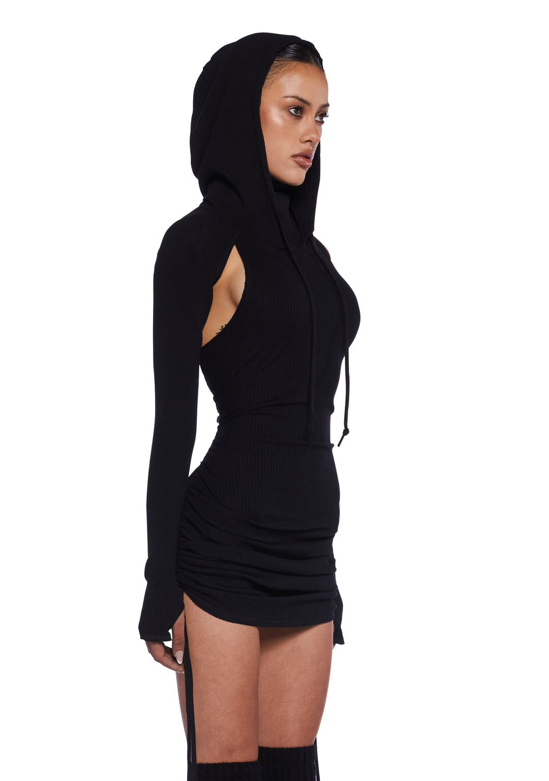 Darker Wavs Ruched Knit Cut Out Mini Dress - Washed Black - Image 4