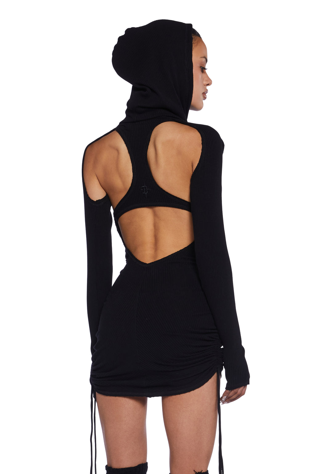 Darker Wavs Ruched Knit Cut Out Mini Dress - Washed Black - Image 3