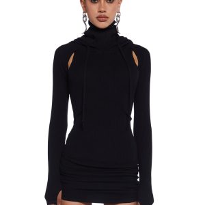 Darker Wavs Ruched Knit Cut Out Mini Dress - Washed Black