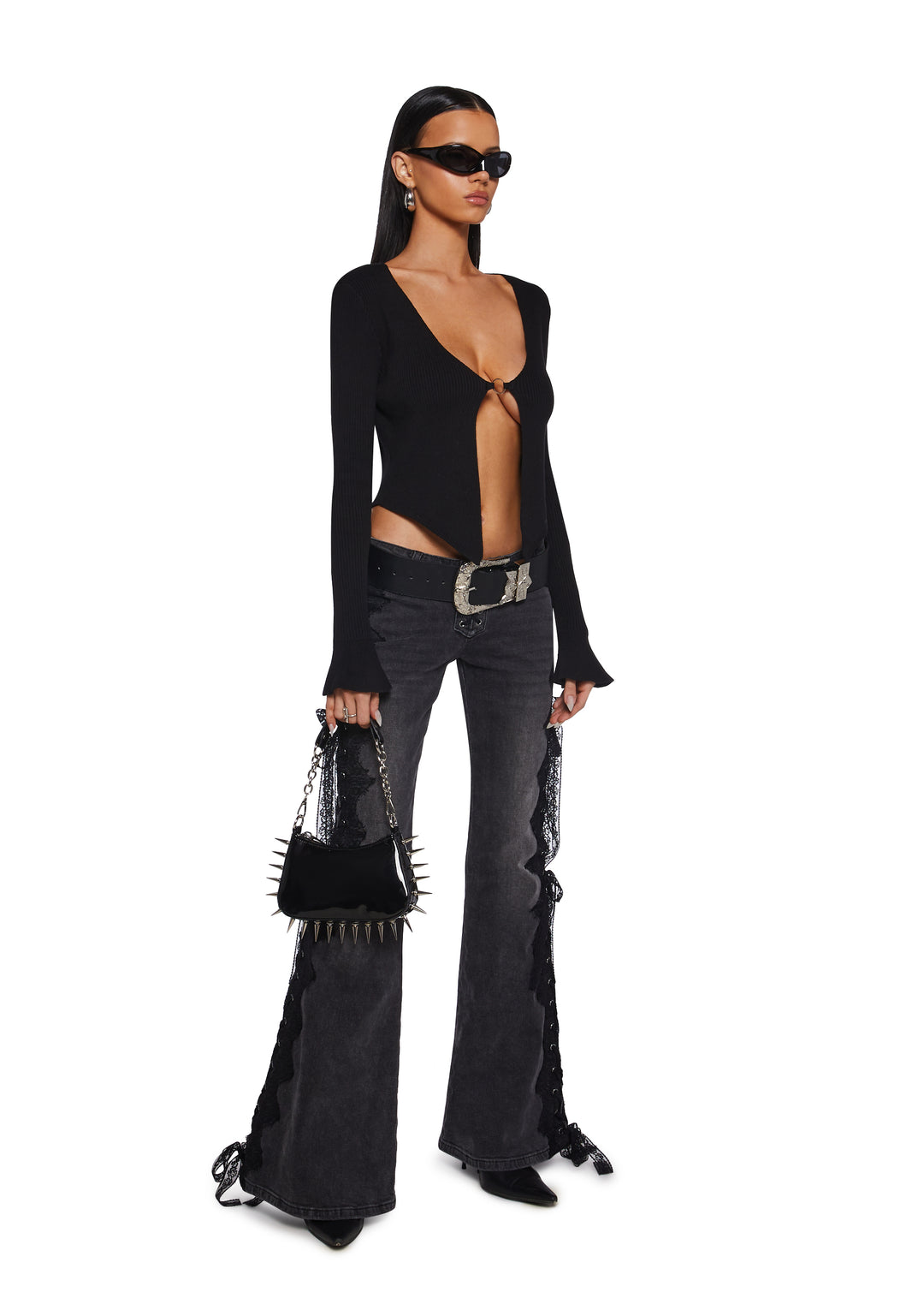Current Mood Ribbed Knit Open Front O Ring Top - Black - Image 2