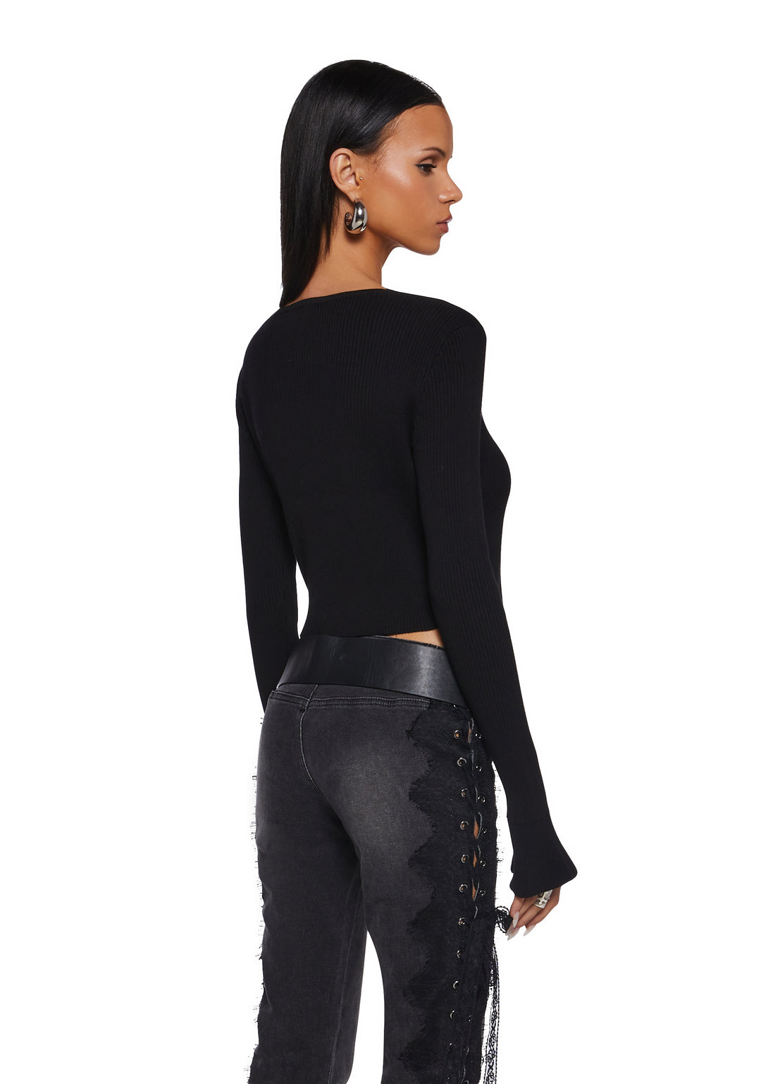 Current Mood Ribbed Knit Open Front O Ring Top - Black - Image 4