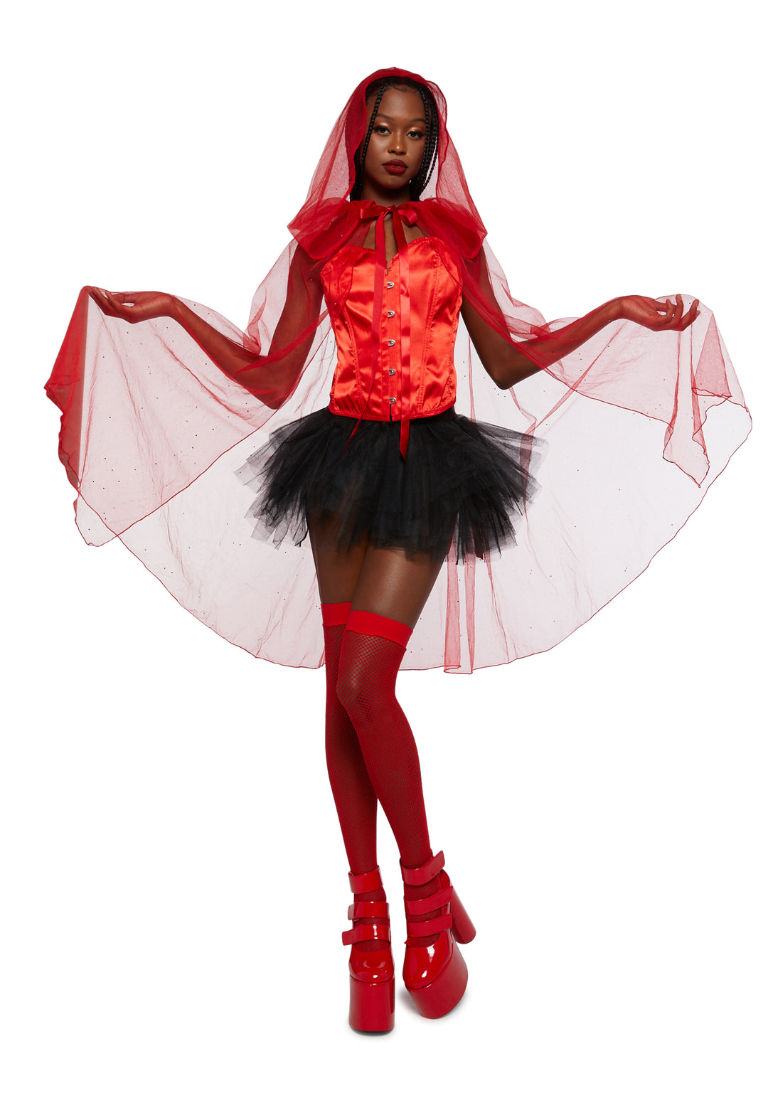 Trickz N' Treatz Sheer Glitter Hooded Cape - Red - Image 2
