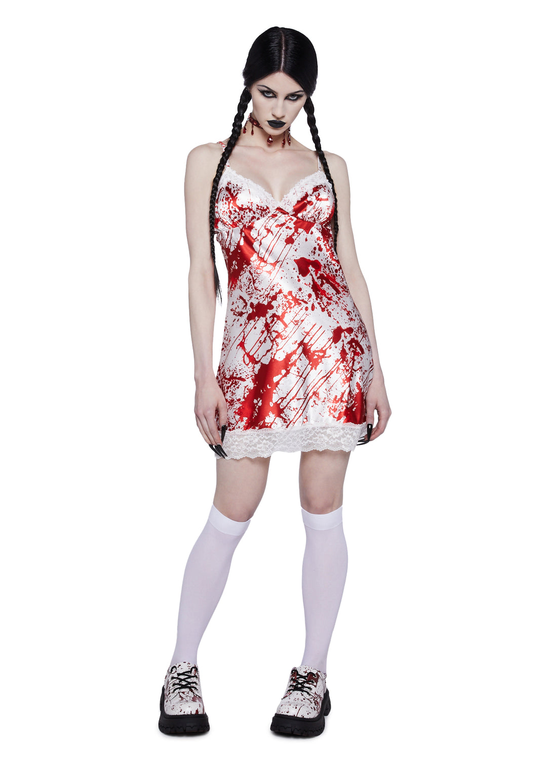 Sexy Womans Halloween Costume Bloody Satin Slip Dress - White/Red - Image 2
