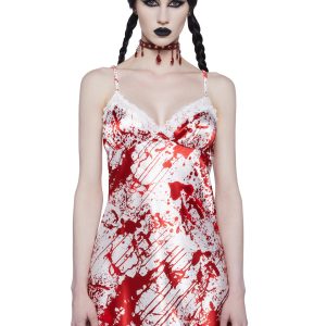 Sexy Womans Halloween Costume Bloody Satin Slip Dress - White/Red
