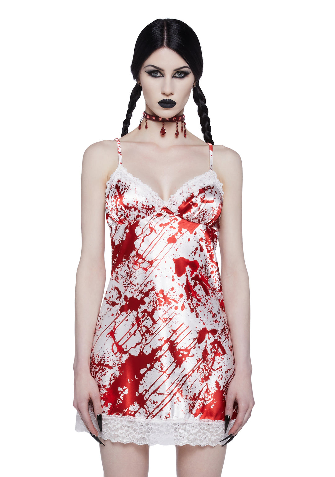 Sexy Womans Halloween Costume Bloody Satin Slip Dress - White/Red