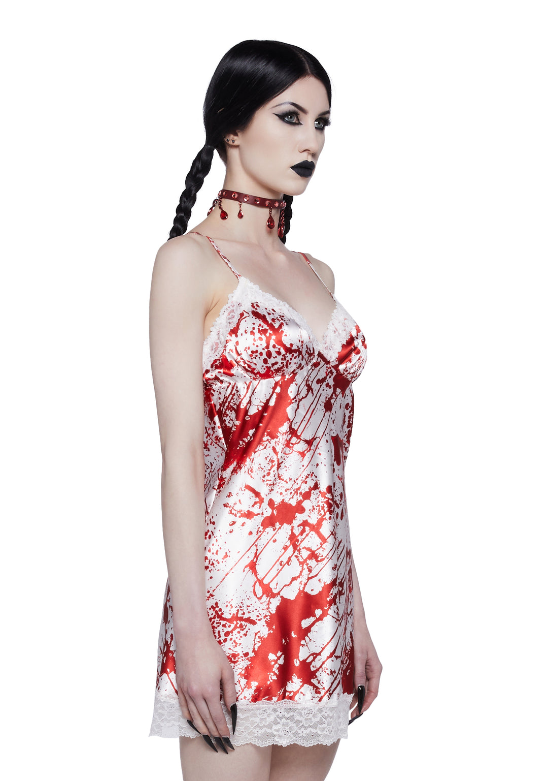 Sexy Womans Halloween Costume Bloody Satin Slip Dress - White/Red - Image 3