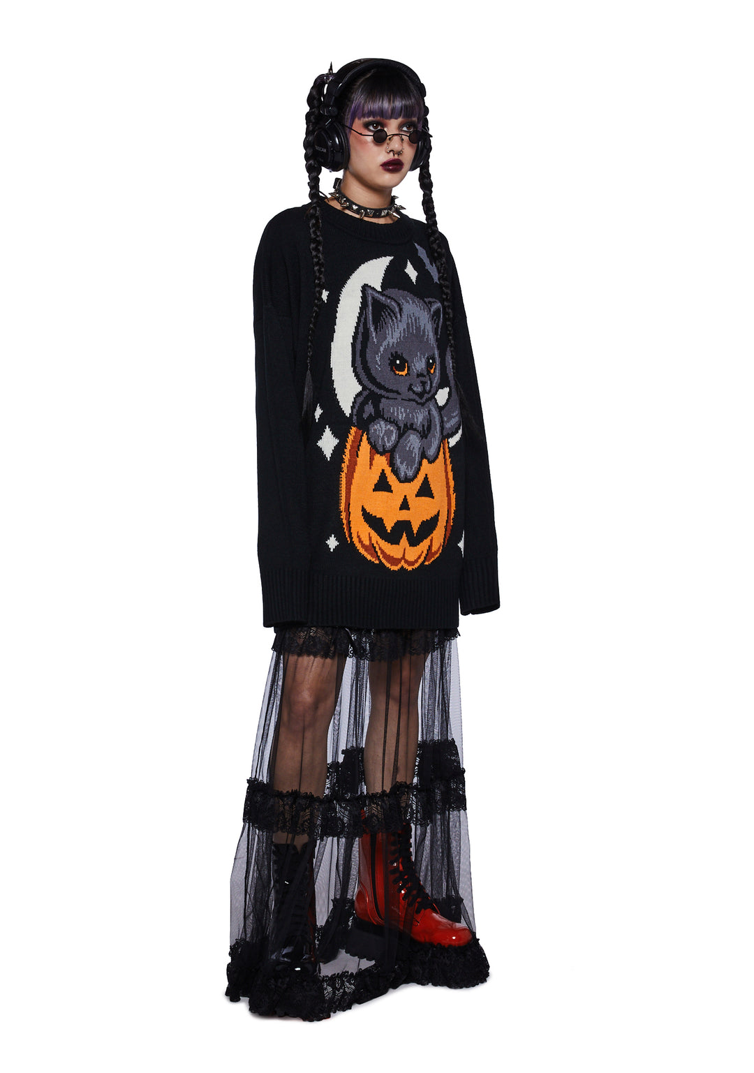 Trickz N Treatz Pumpkin Kitten Oversized Sweater - Black - Image 2