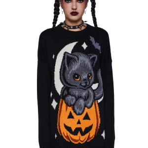 Trickz N Treatz Pumpkin Kitten Oversized Sweater - Black