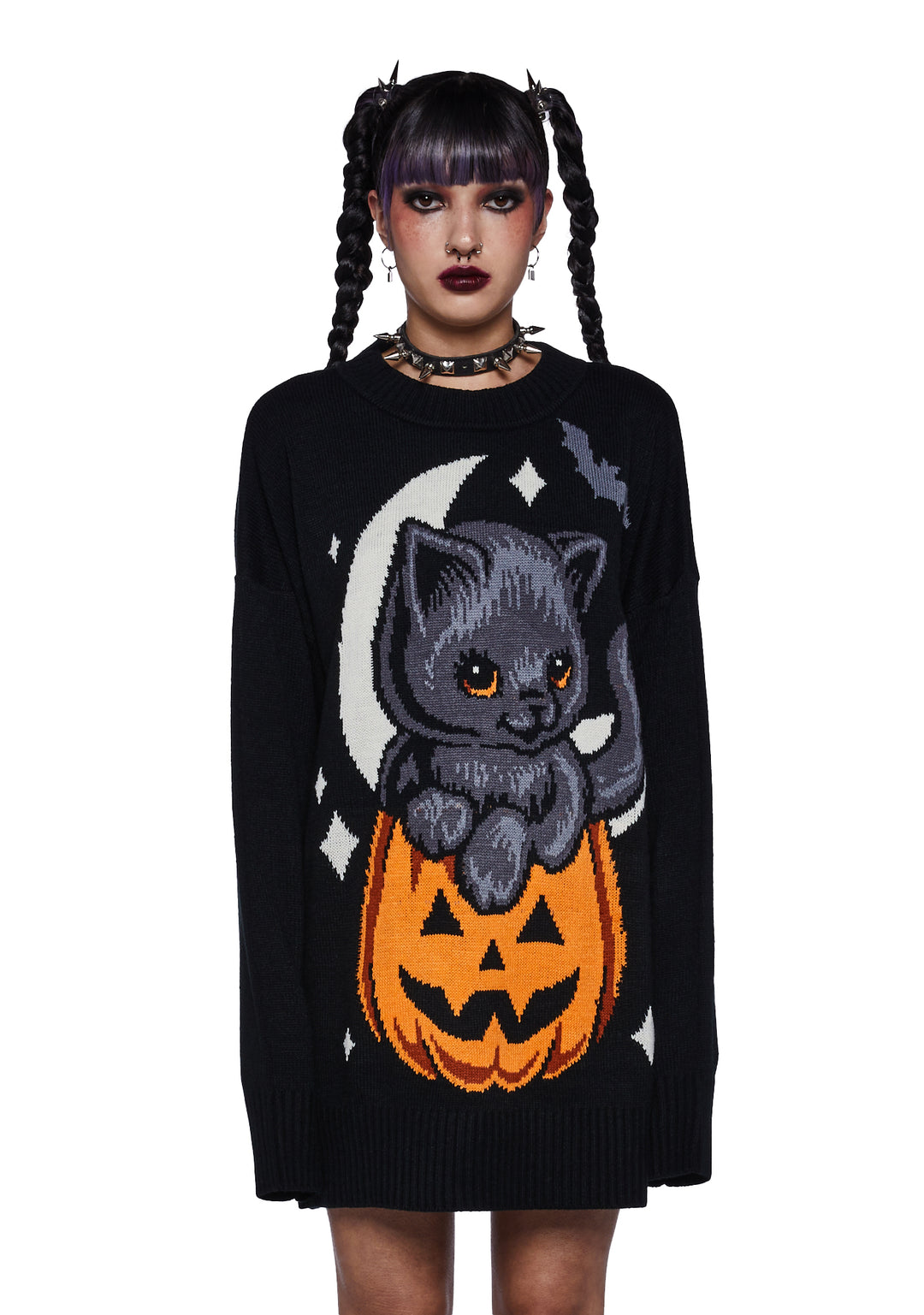 Trickz N Treatz Pumpkin Kitten Oversized Sweater - Black