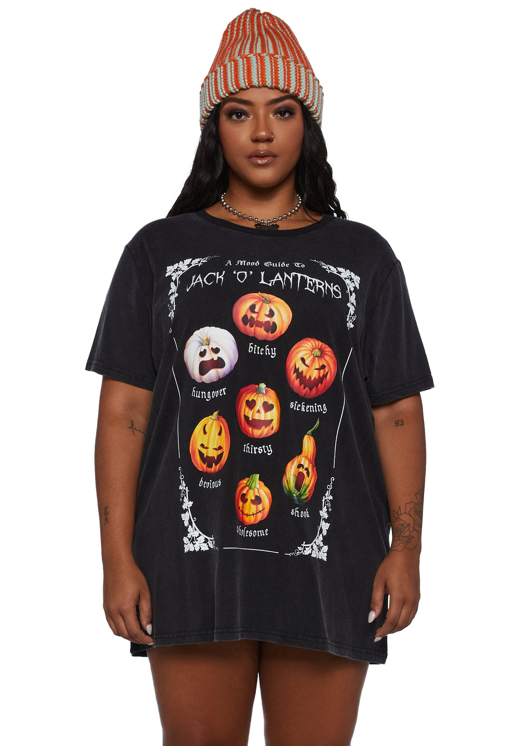 Trickz N' Treatz Plus Size Pumpkin Mood Graphic Tee - Black