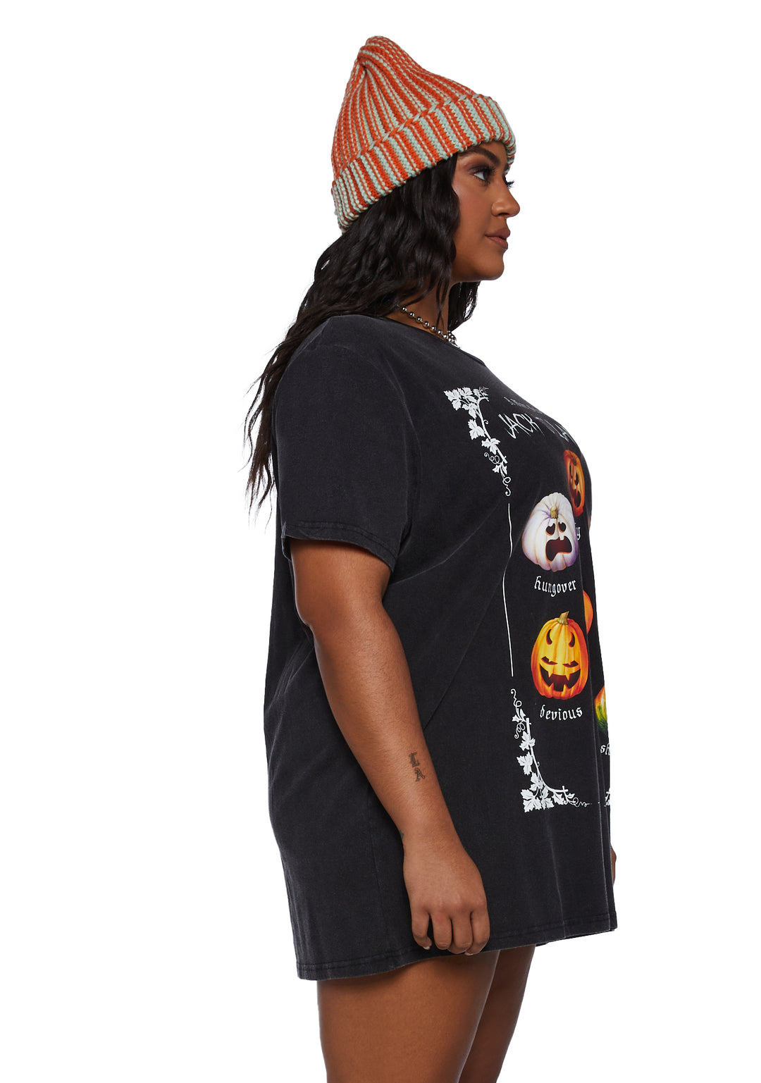 Trickz N' Treatz Plus Size Pumpkin Mood Graphic Tee - Black - Image 3