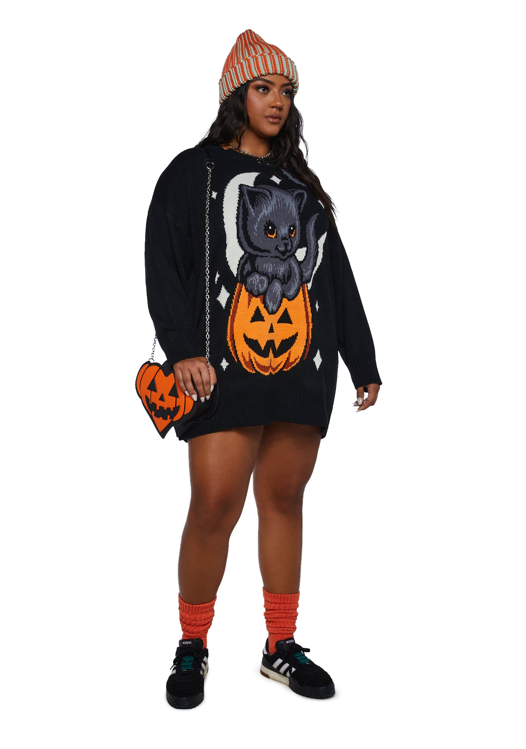 Plus Size Trickz N' TreatzPumpkin Kitten Oversized Sweater - Black - Image 2