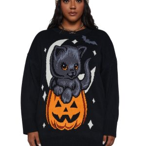 Plus Size Trickz N' TreatzPumpkin Kitten Oversized Sweater - Black