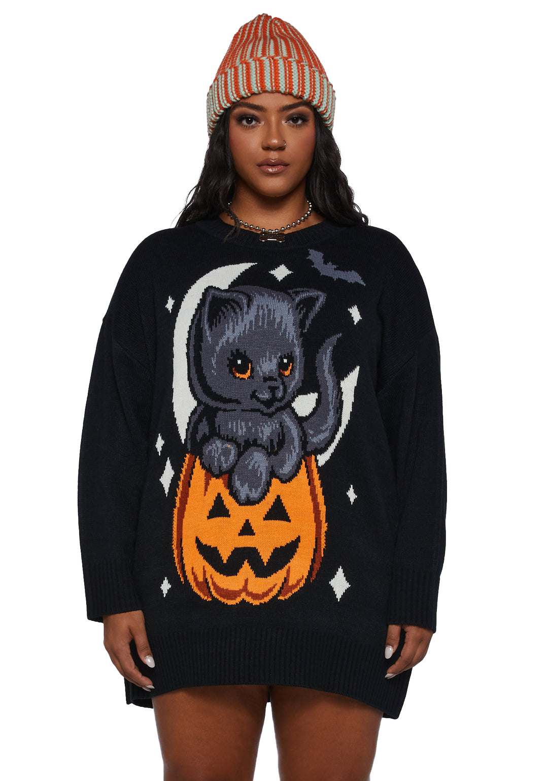 Plus Size Trickz N' TreatzPumpkin Kitten Oversized Sweater - Black