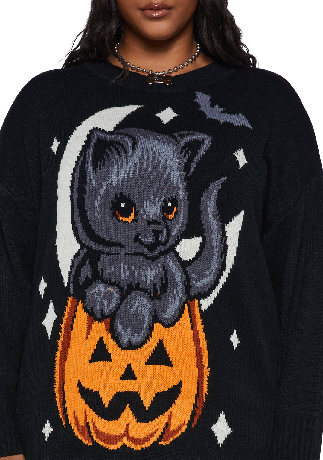 Plus Size Trickz N' TreatzPumpkin Kitten Oversized Sweater - Black - Image 5