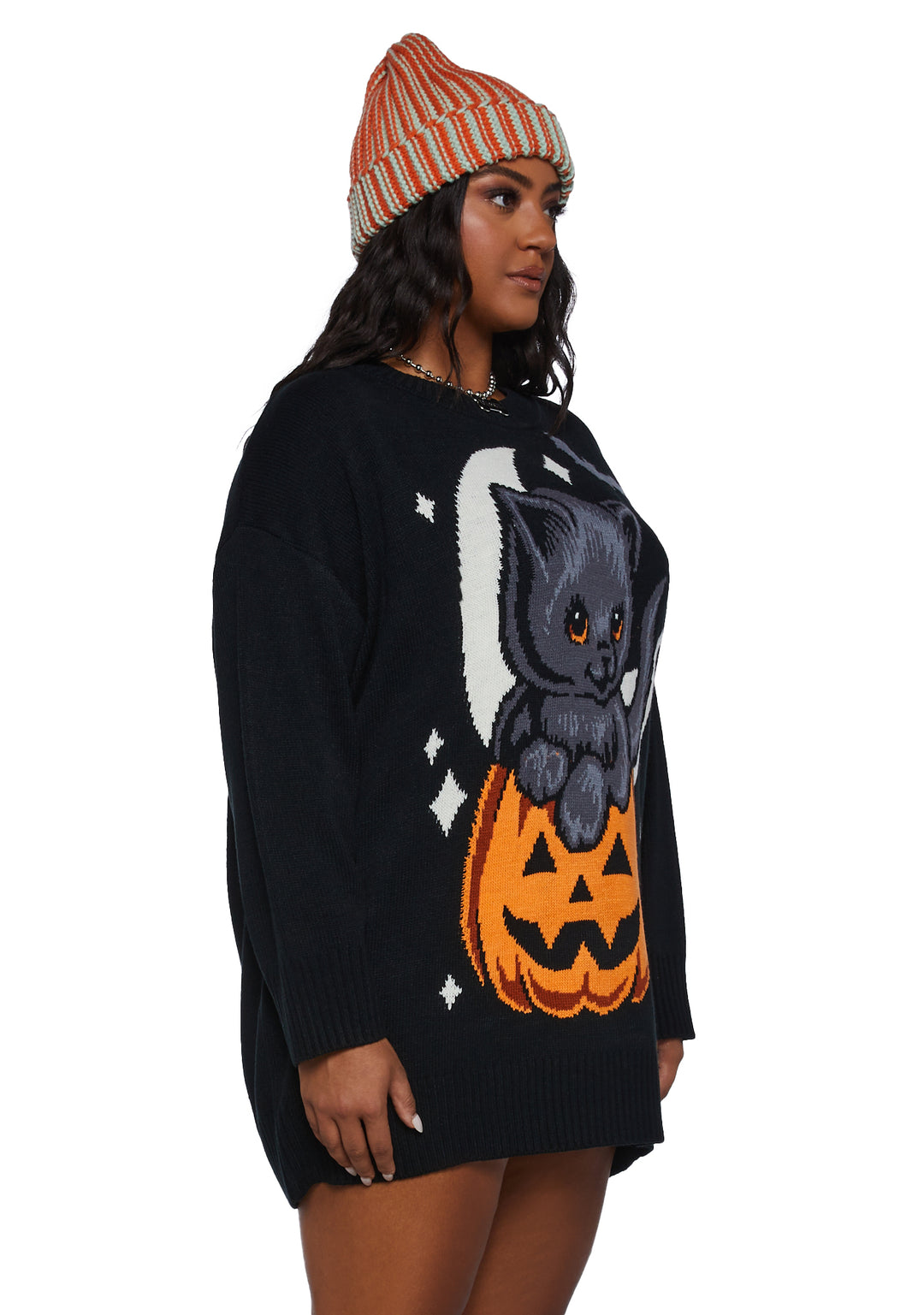 Plus Size Trickz N' TreatzPumpkin Kitten Oversized Sweater - Black - Image 3