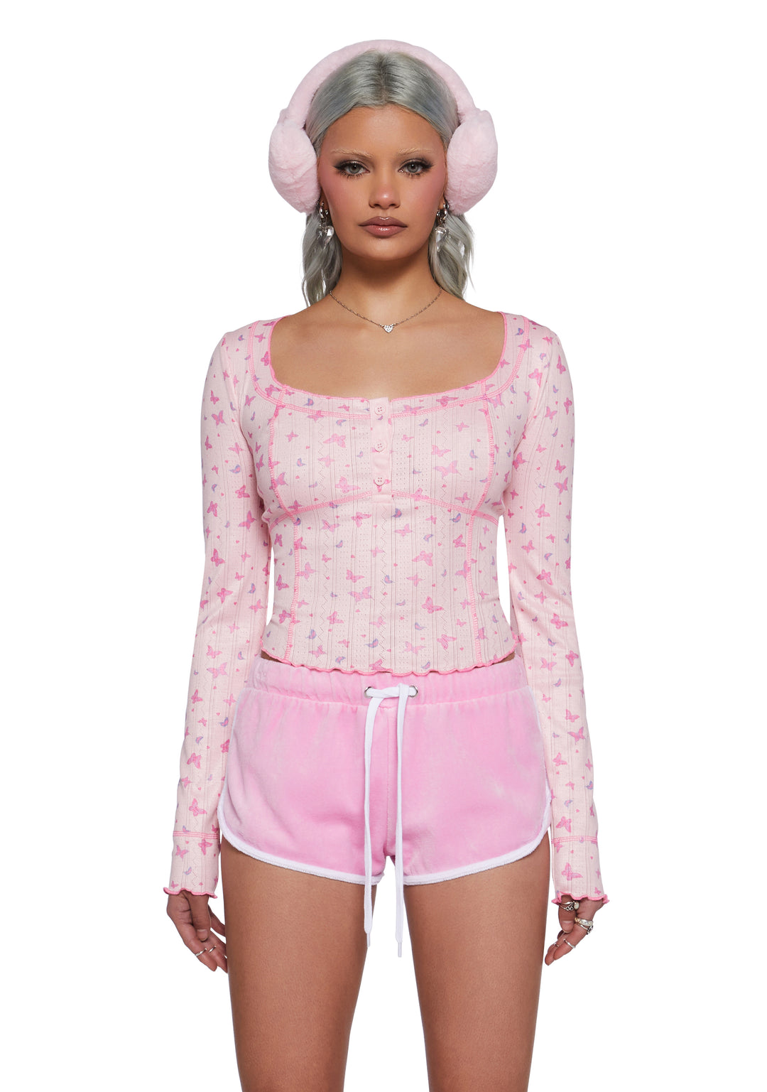 Sugar Thrillz Pointelle Butterfly Long Sleeve Crop Top - Pink