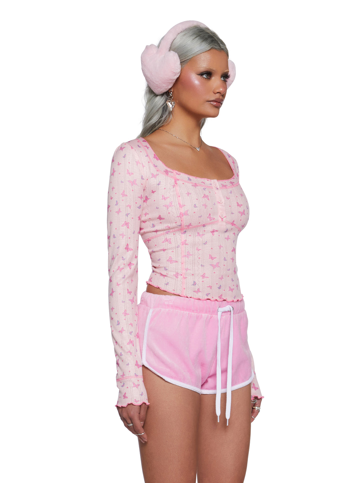 Sugar Thrillz Pointelle Butterfly Long Sleeve Crop Top - Pink - Image 3